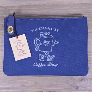NWT Coach Coffee Shop Deep Blue Pouch Canvas Merch Cafe Exclusive Limited
